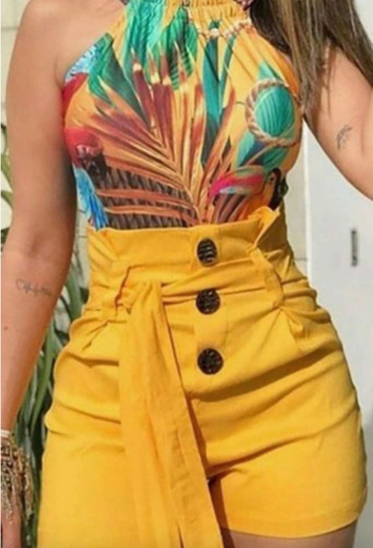 Yellow Belted High Waisted Shorts