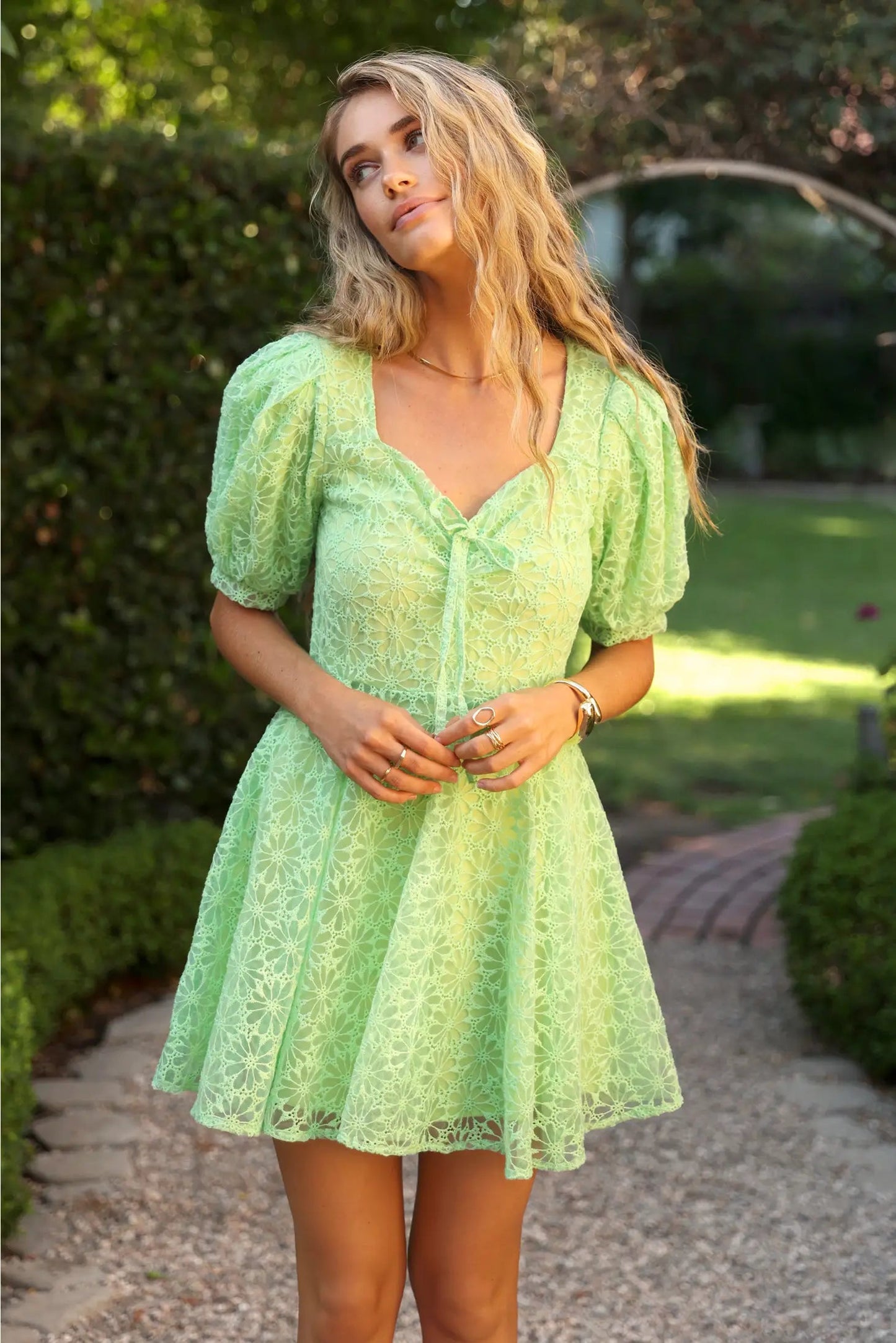 Lime Green Floral Embroidered Puff Sleeve Mini Dress