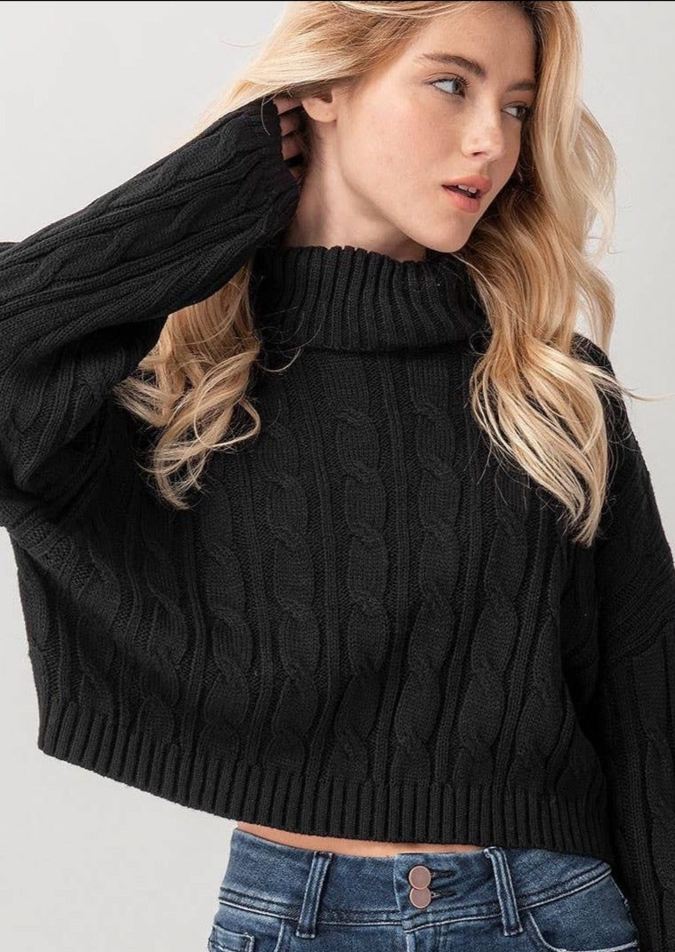 Cropped Black Turtleneck Twist Sweater